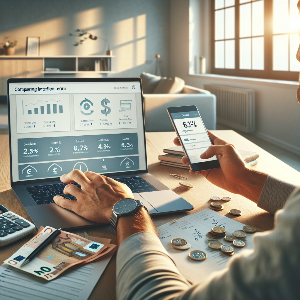 Person vergleicht günstigsten Ratenkredit in Deutschland am Laptop mit Zinsrechner